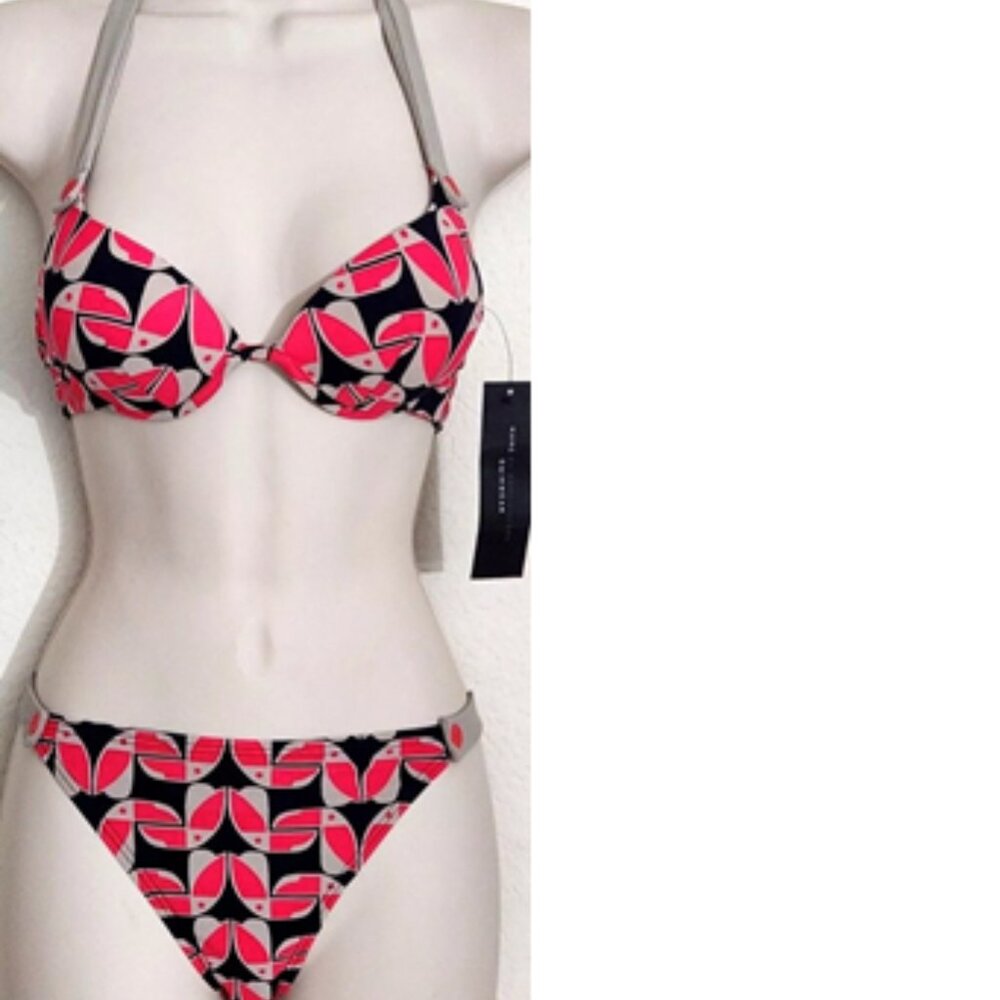 MARC JACOBS TOUCAN 2PC BUTTON BIKINI PUSH UP TOP SWIMSUIT BLUE BEIGE RED XS NWT!